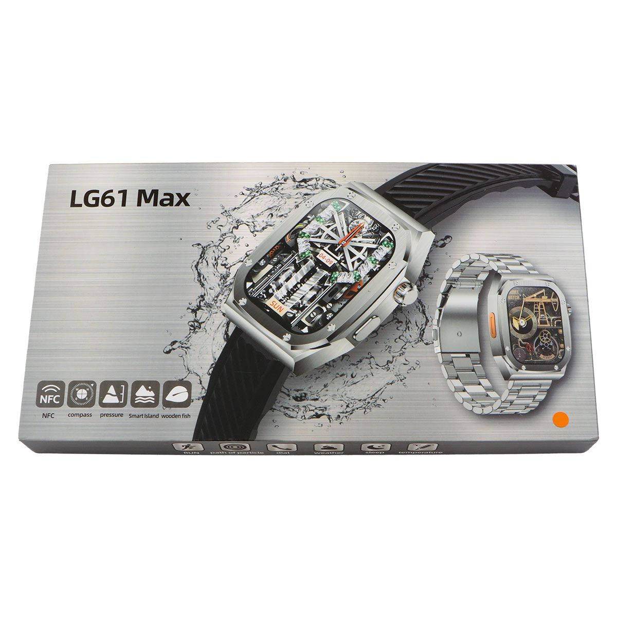image of LG61 Max Smart Watch with Stainless Steel Finish and Large Display in packaging by techcarhome.com