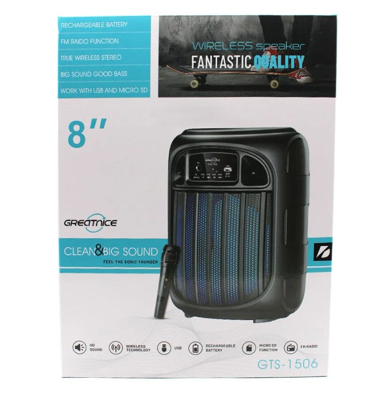 GTS 1506 Wireless Speaker – 8-Inch Speaker, High Quality Sound, Mic & Long Battery Life