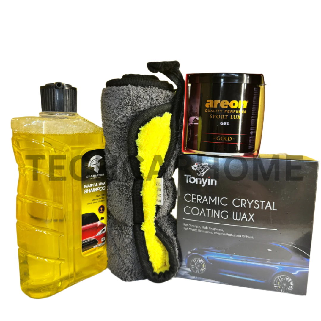 Car cleaning essentials – 4-piece kit ideal for fast polish and fragrance.