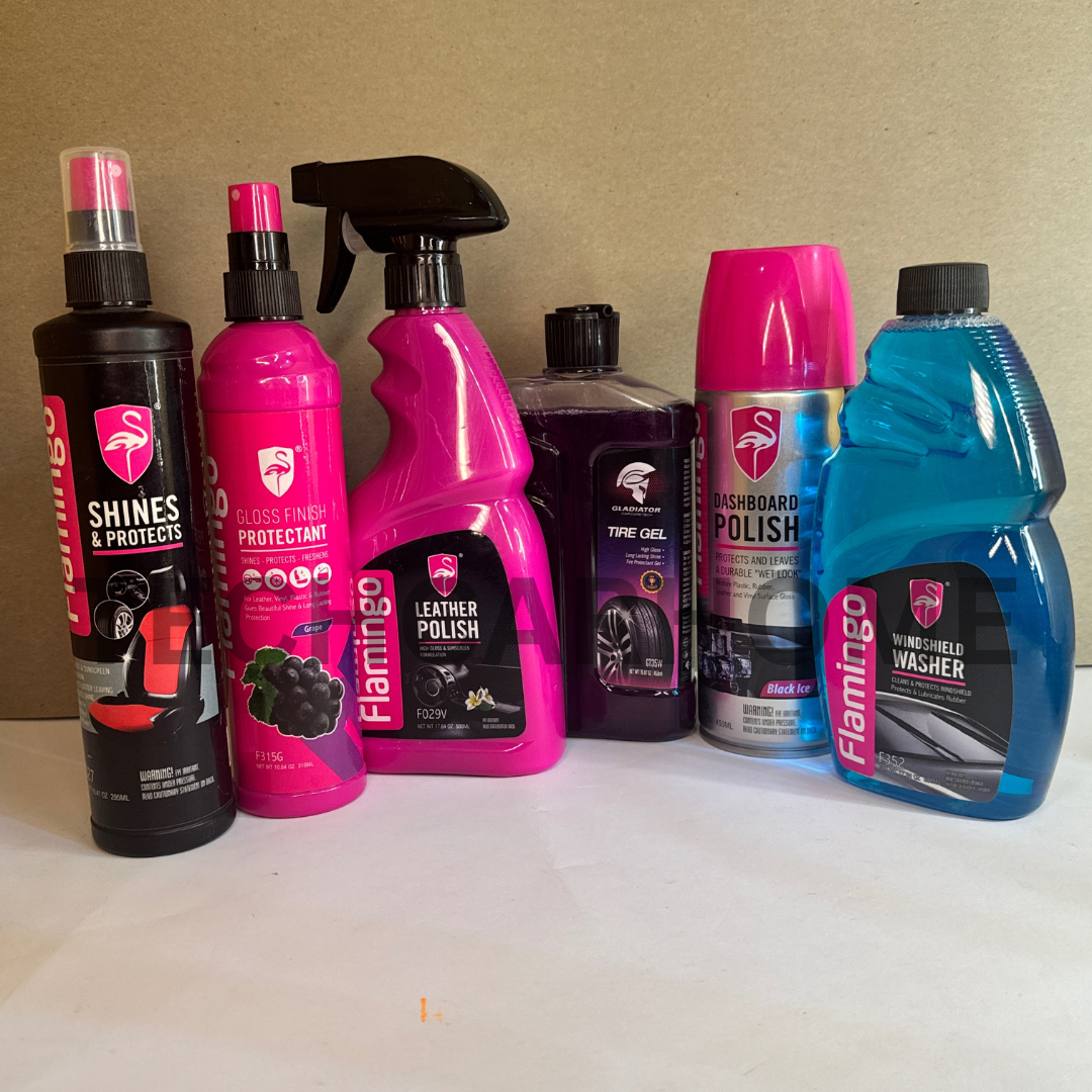 Close-up of Flamingo Shine & Protect, Glass Finish Protectant, and Gladiator Tire Gel – featured in the 6-in-1 bundle.