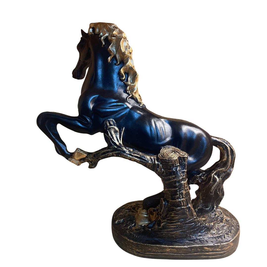Close-up of the elegant resin-crafted galloping horse statue with fine detailing.