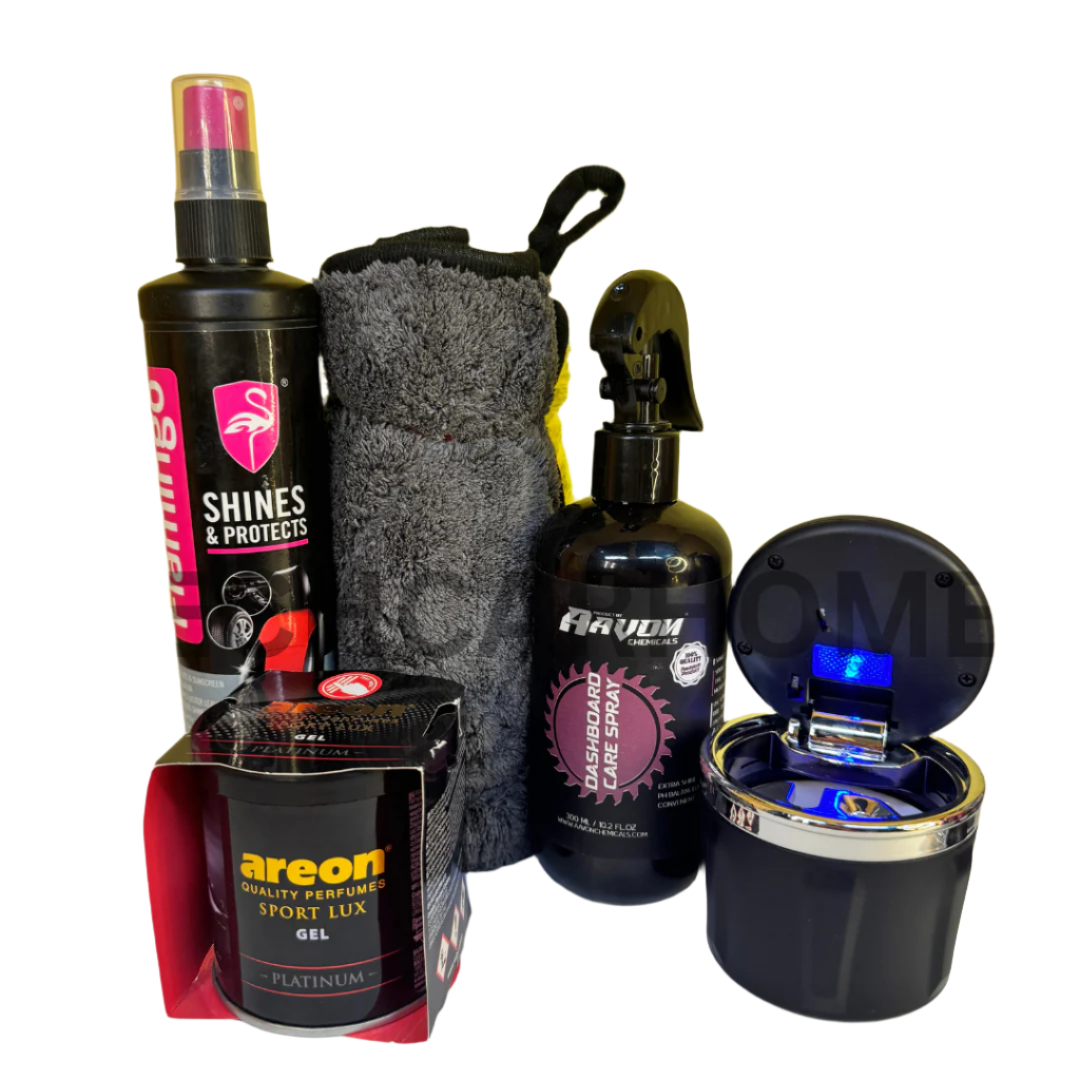 Close-up of universal car ashtray and Areon Platinum Gel – essential items for a clean, fresh car interior.