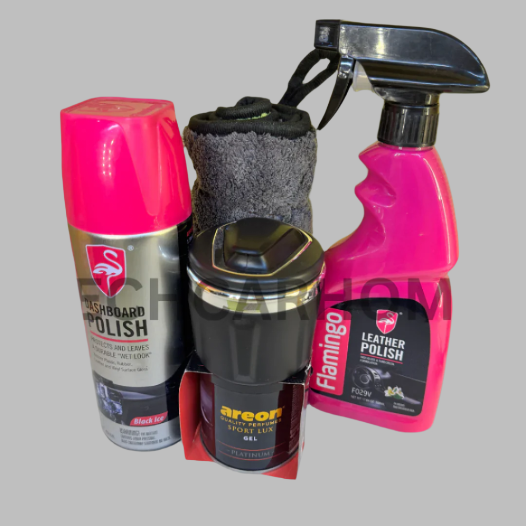 Complete 5-piece car interior care bundle displayed on mustard yellow background – for freshness, polish, and cleanliness.