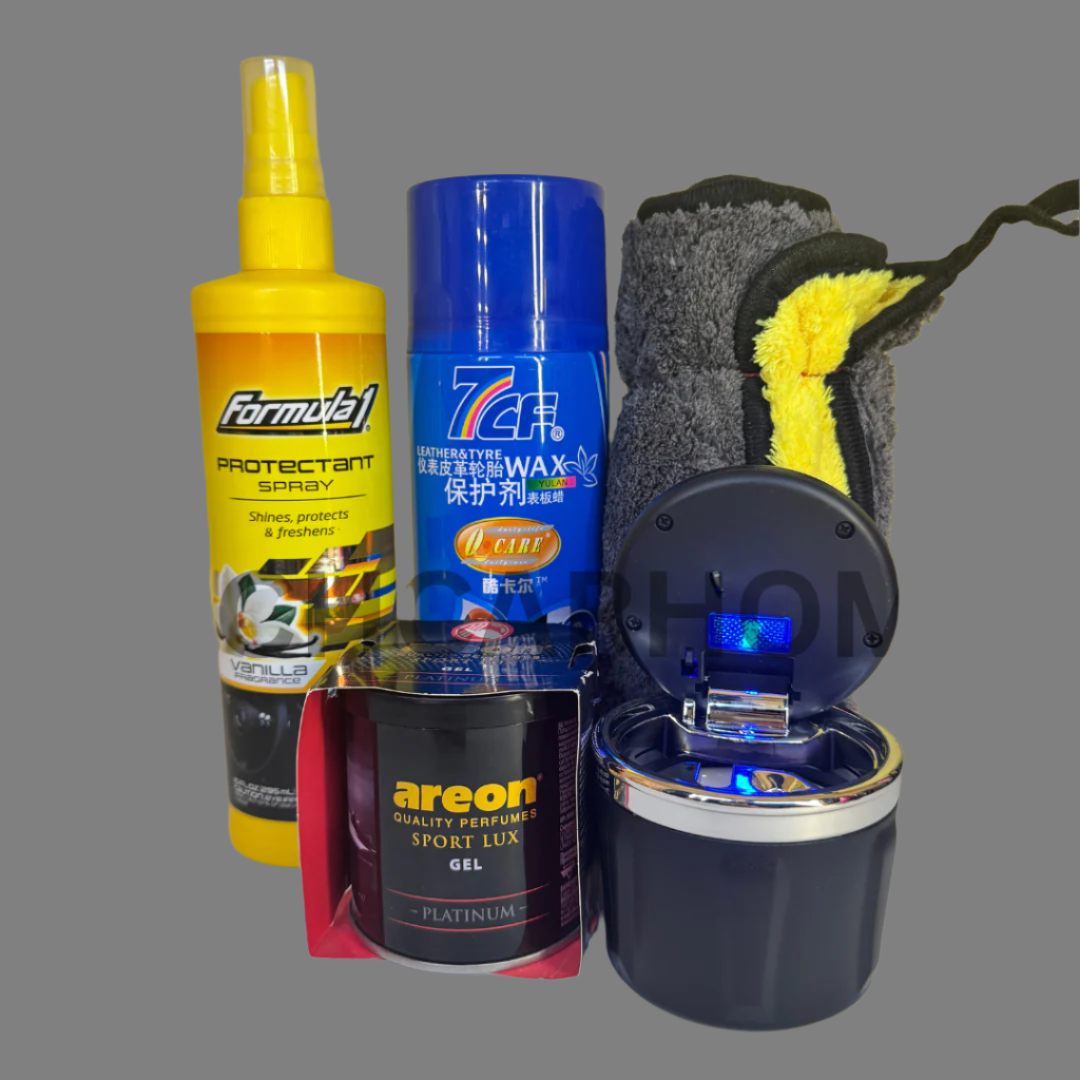 Full 5-piece bundle displayed on a mustard yellow background – includes premium dashboard care and freshening products for your car.