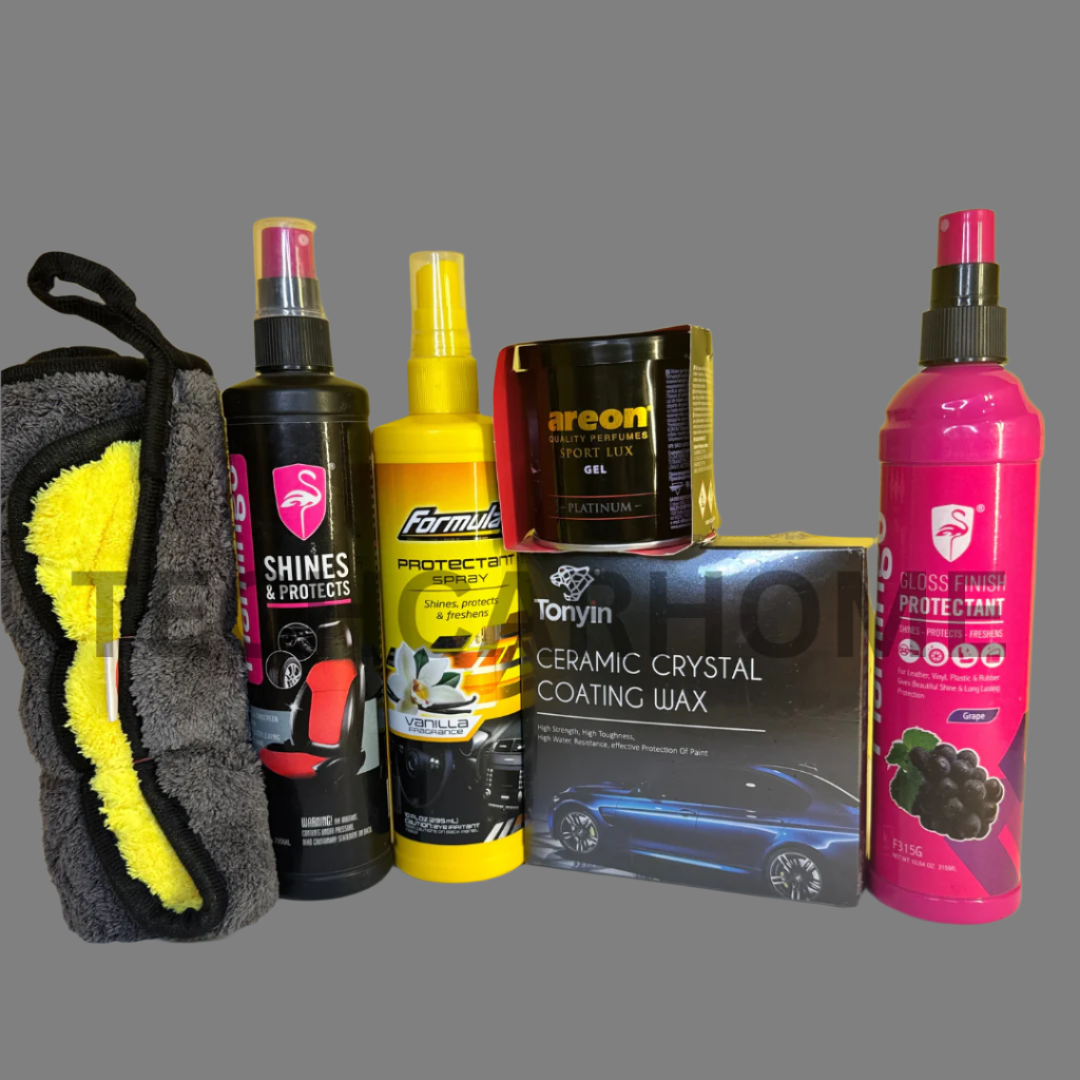 Full 6-piece car detailing kit – Ultimate Protection & Shine Bundle ideal for cleaning, shining, and protecting car surfaces.