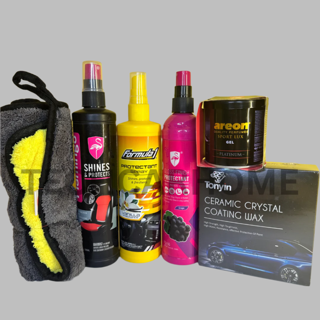 Full Ultimate Car Protection Bundle displayed on mustard yellow background – includes 6 premium car care products.