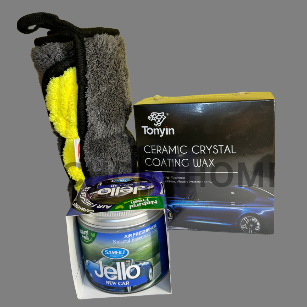 Gloss & Fresh 3-in-1 car care bundle displayed on mustard yellow background – perfect for car exterior and interior detailing.