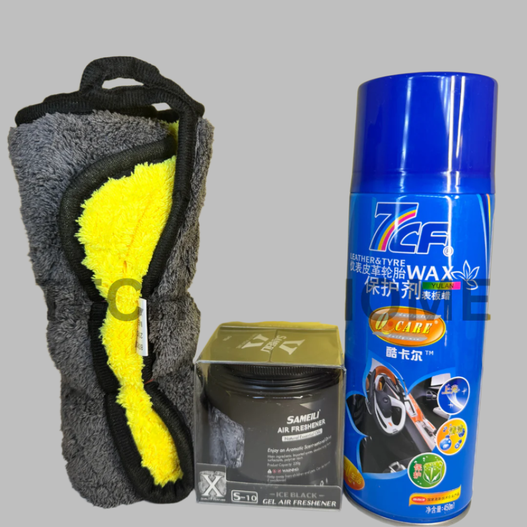 Ice Clean Interior Bundle shown on mustard yellow background – includes 7CF dashboard spray, Ice Black gel, and cleaning cloth.