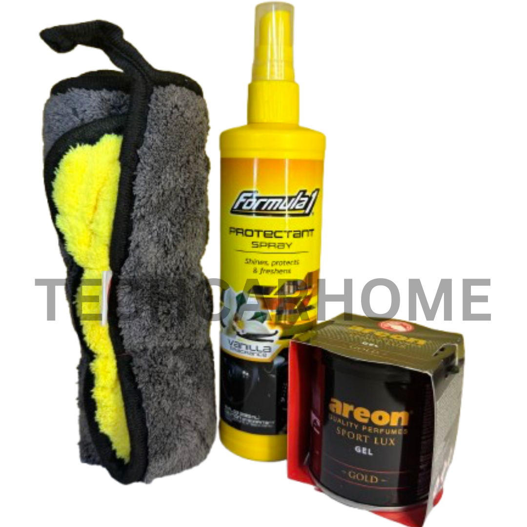 Interior car care 3-in-1 bundle with Formula 1 Protectant Spray, Areon Gold Gel, and Microfiber Cloth.