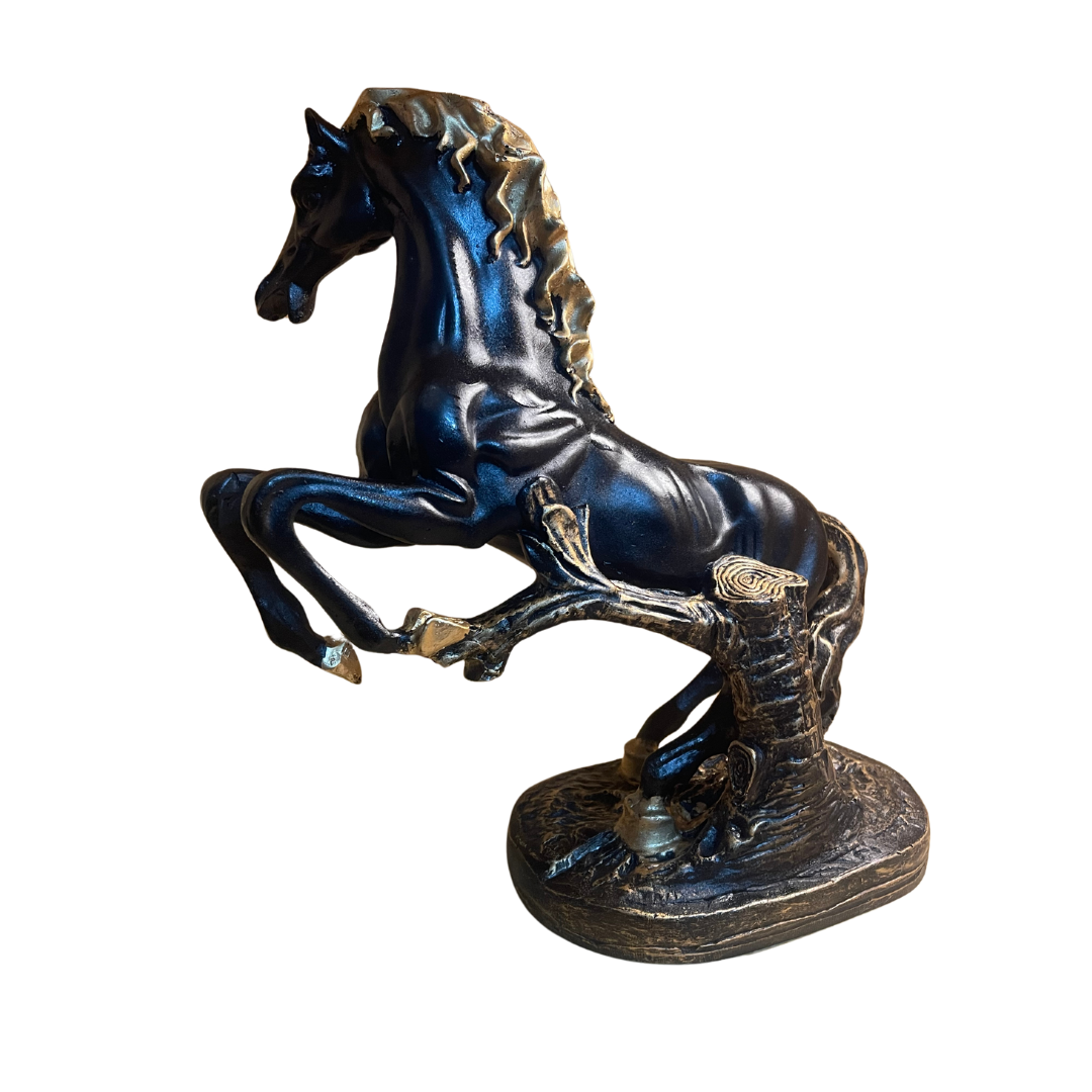 Modern galloping horse statue in resin, displayed.
