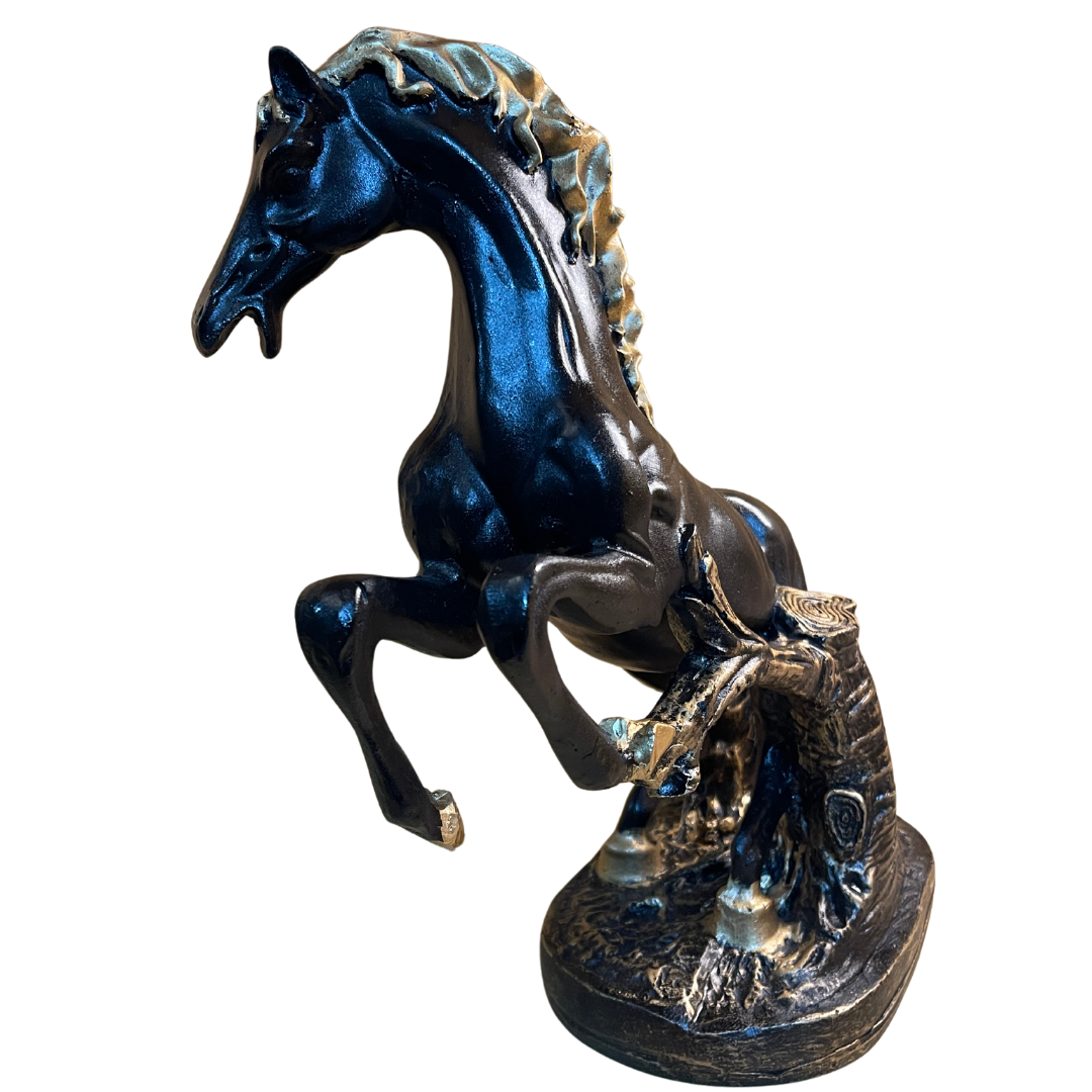 Modern sculpture of a galloping horse with an anti-slip base for stability.