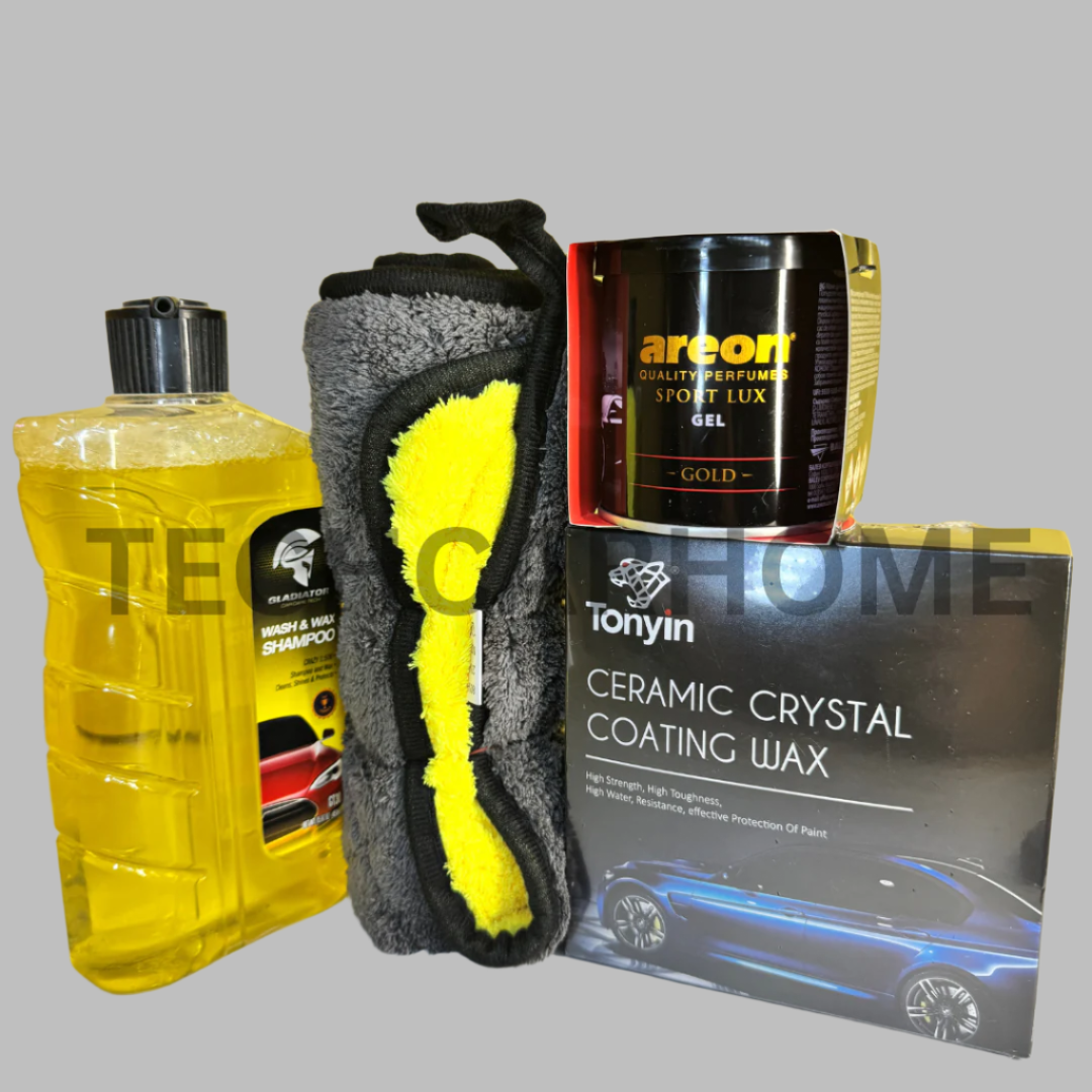 Quick Shine Essentials car bundle displayed on mustard yellow background – complete care for exterior and scent.