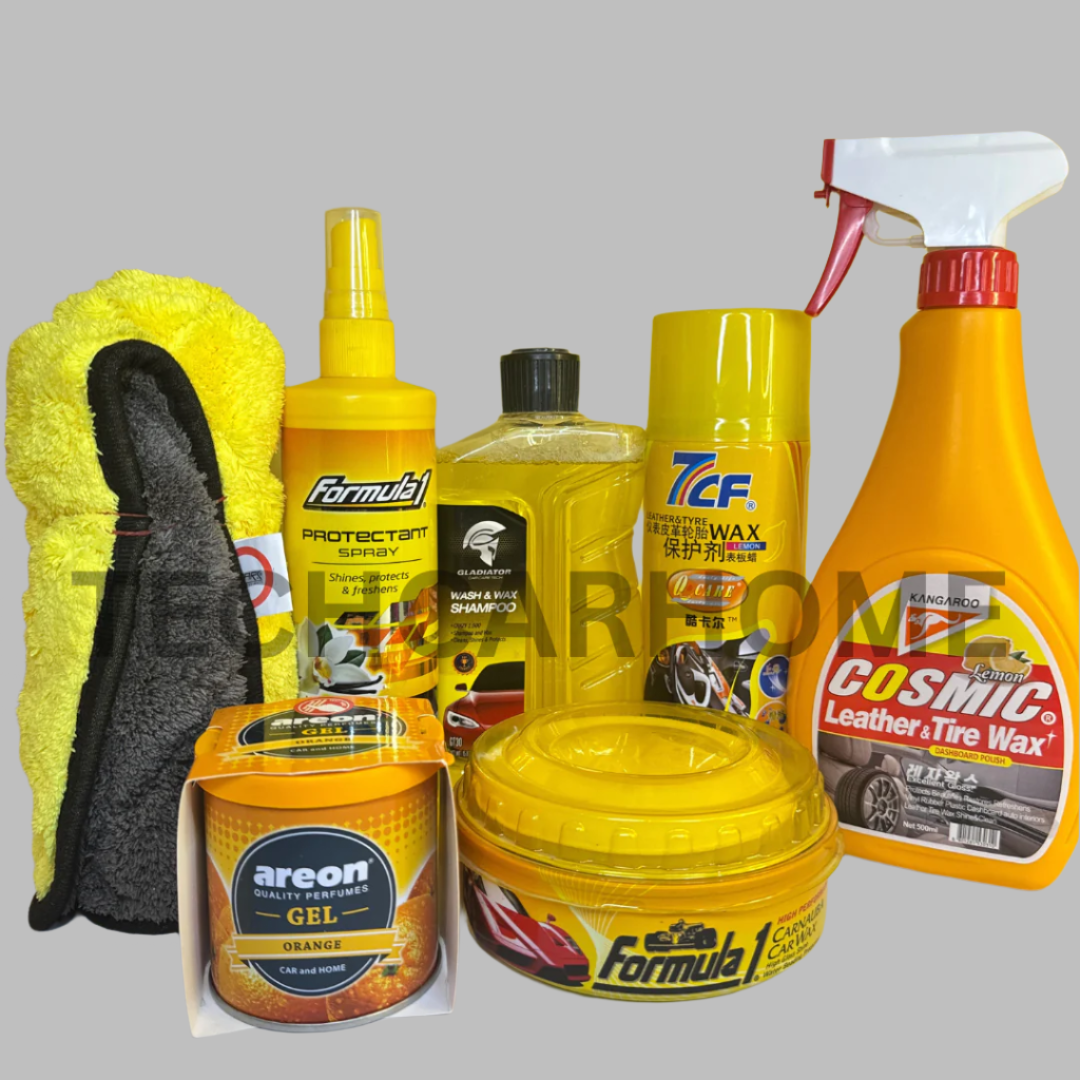 Top view of Full Care Essentials Bundle – featuring lemon dashboard spray, car shampoo, leather wax, and more.