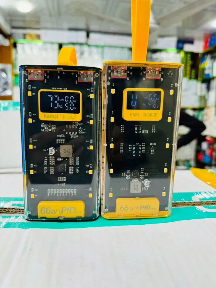 Transparent Power Bank charging multiple devices simultaneously with fast charging.