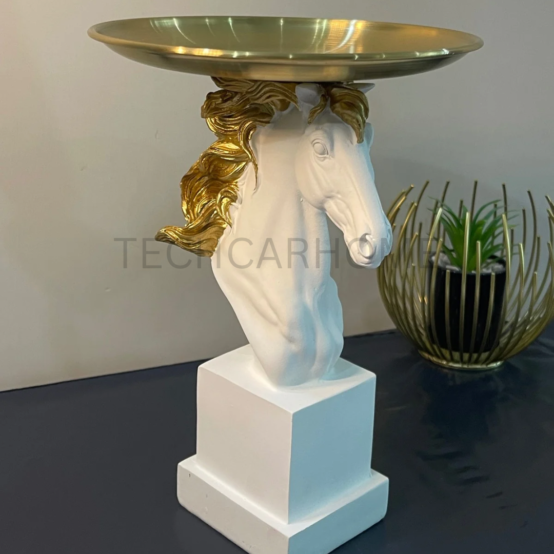 White horse sculpture with a gold mane and golden plate, perfect for luxury home decor.