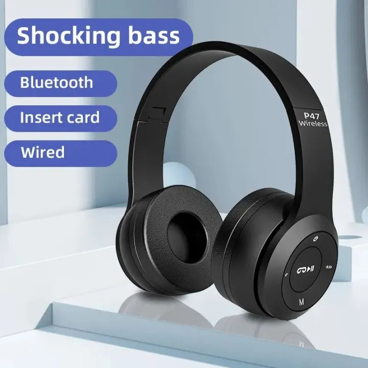 Close-up of P47 headphones showcasing built-in Bluetooth speakers