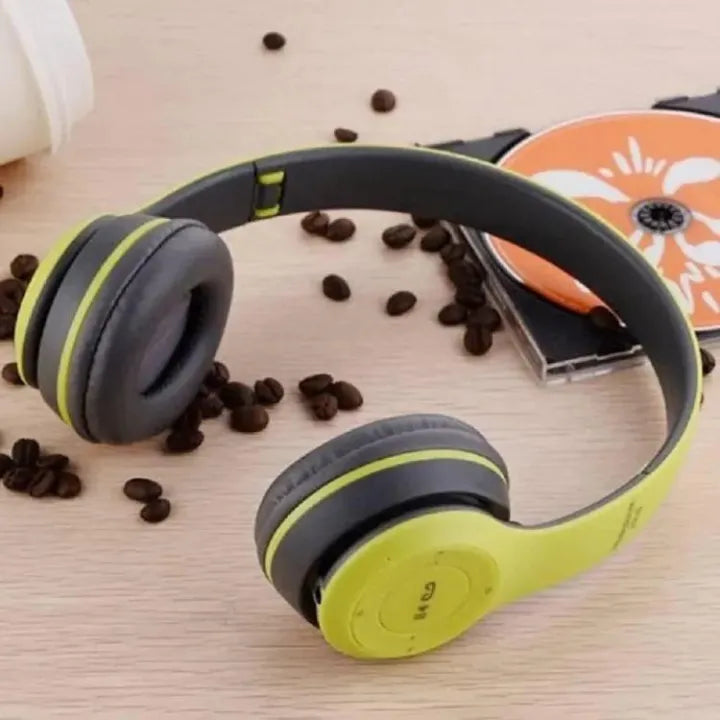 Close-up of P47 headphones showcasing built-in Bluetooth speakers