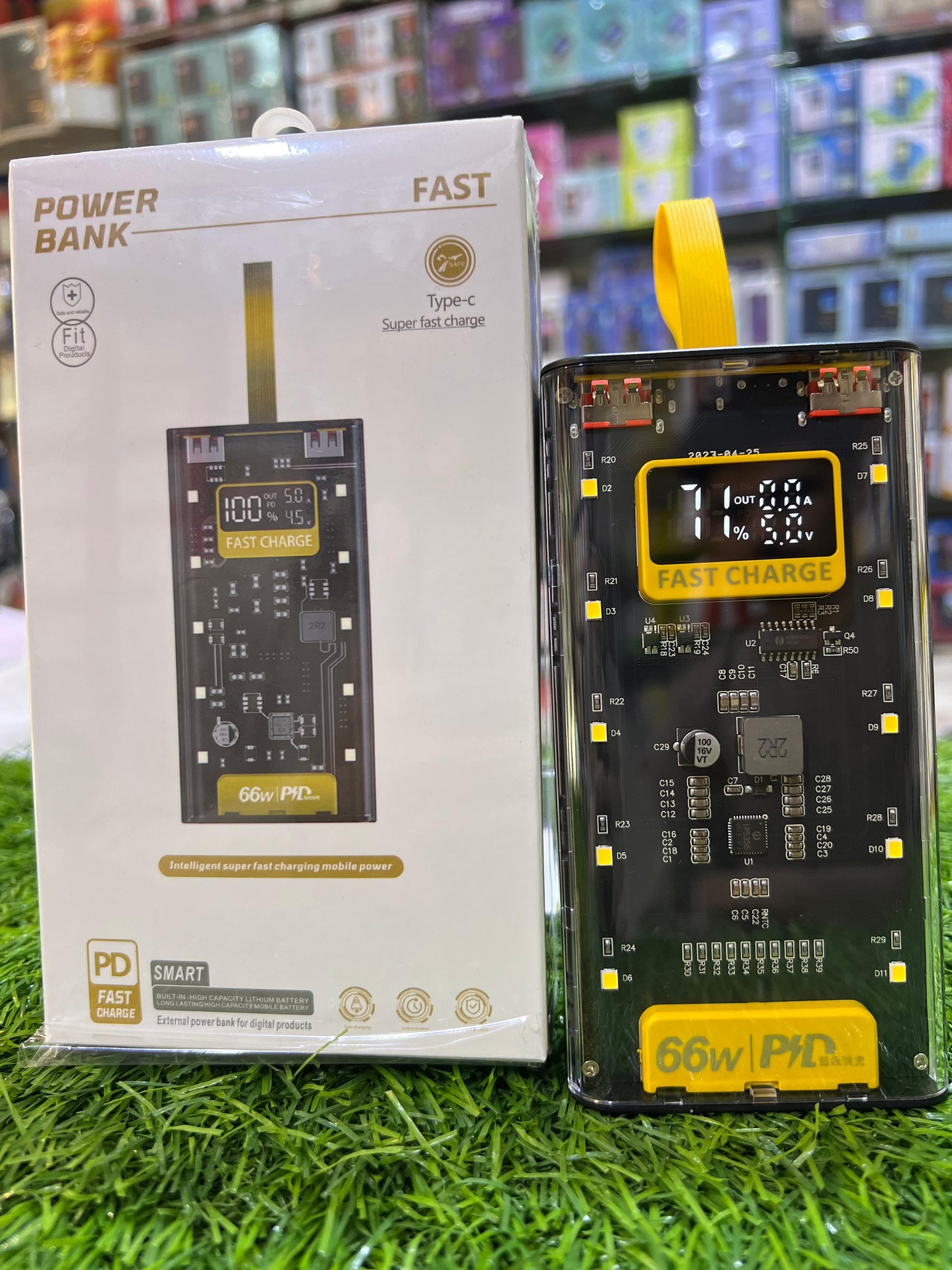 20,000mAh Transparent Power Bank with fast charging support and digital display.