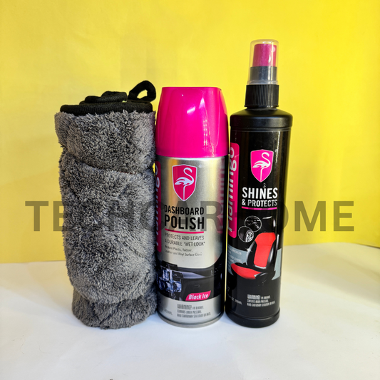 3-piece Flamingo car care bundle on mustard yellow background – ideal for restoring and protecting dashboard surfaces.