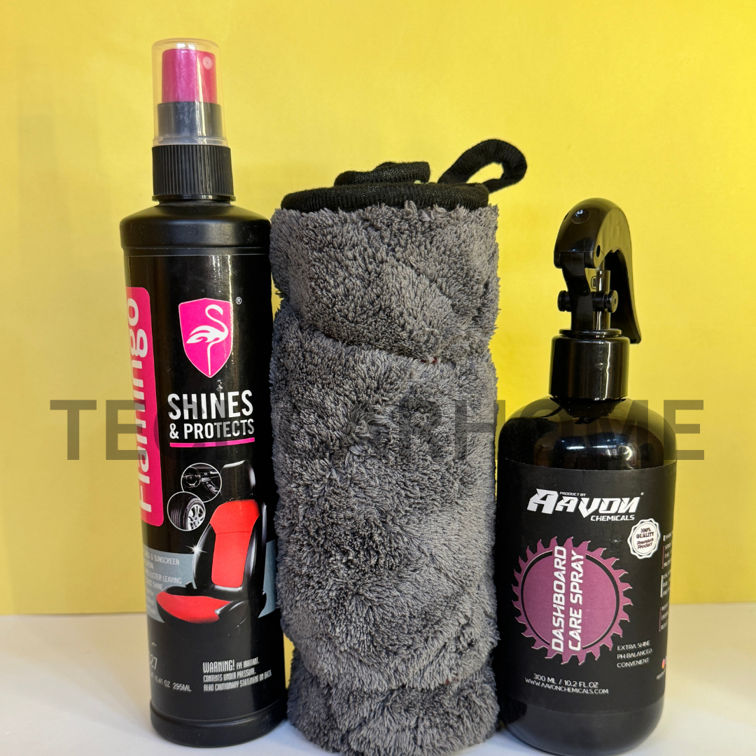 3-piece interior care bundle displayed on mustard yellow background – includes dashboard spray and surface shine products.