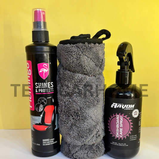 3-piece interior care bundle displayed on mustard yellow background – includes dashboard spray and surface shine products.