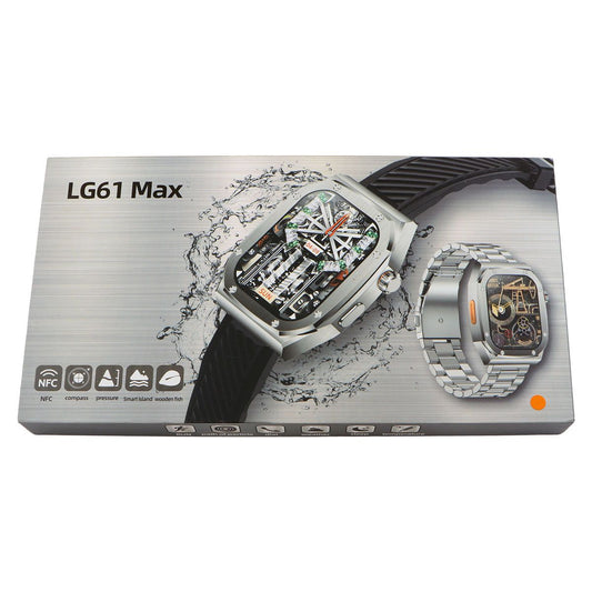 image of LG61 Max Smart Watch with Stainless Steel Finish and Large Display in packaging by techcarhome.com
