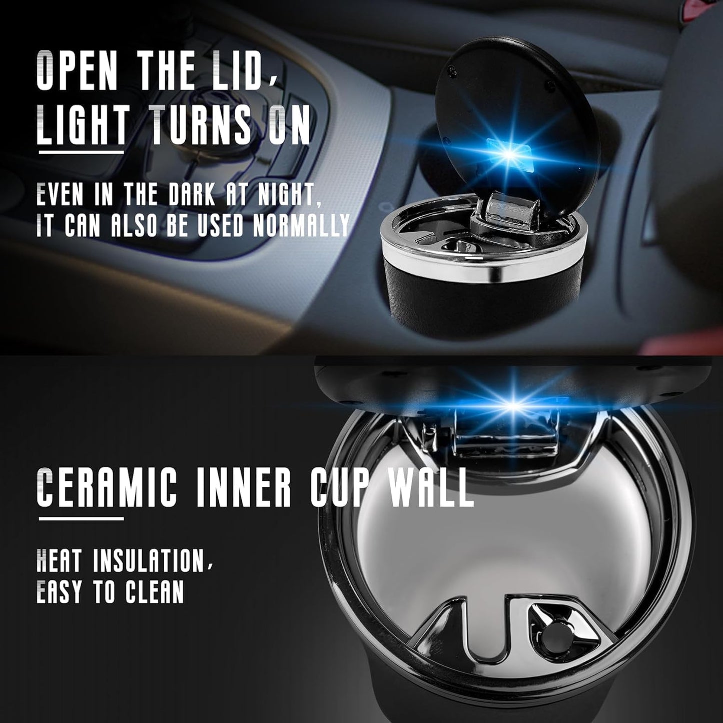 Portable Car Ashtray with Lid – Smell-Proof, LED Light, Ceramic Liner