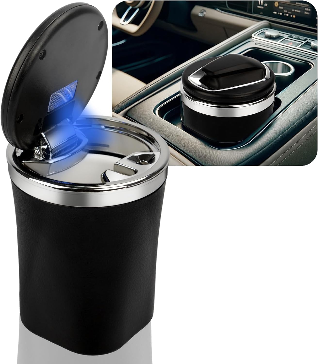 Portable Car Ashtray with Lid – Smell-Proof, LED Light, Ceramic Liner