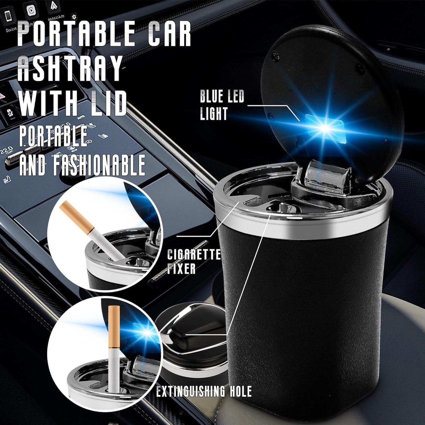 Portable Car Ashtray with Lid – Smell-Proof, LED Light, Ceramic Liner