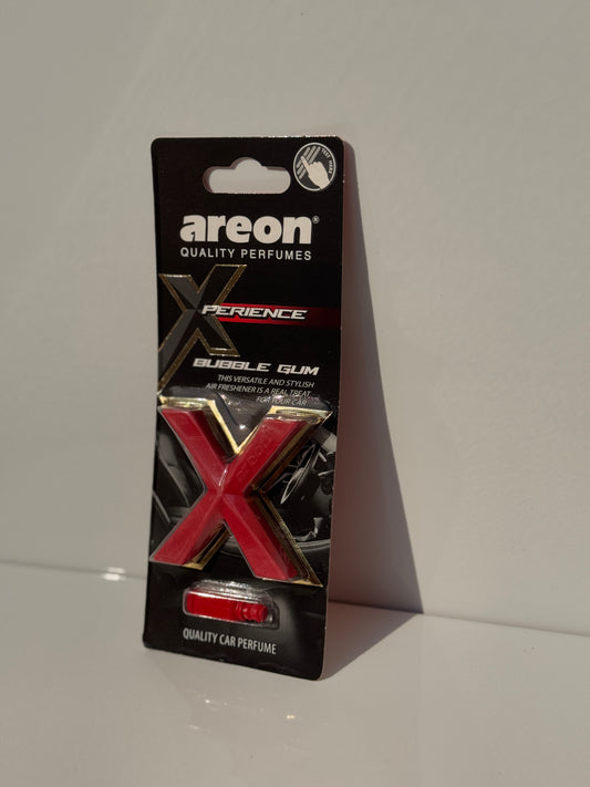 AREON X-perience Air Freshener Card in 'Bubble Gum' flavor packaging with vibrant pink accents.