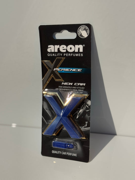 AREON X-perience Air Freshener Card in 'New Car' scent packaging with sleek X-design.