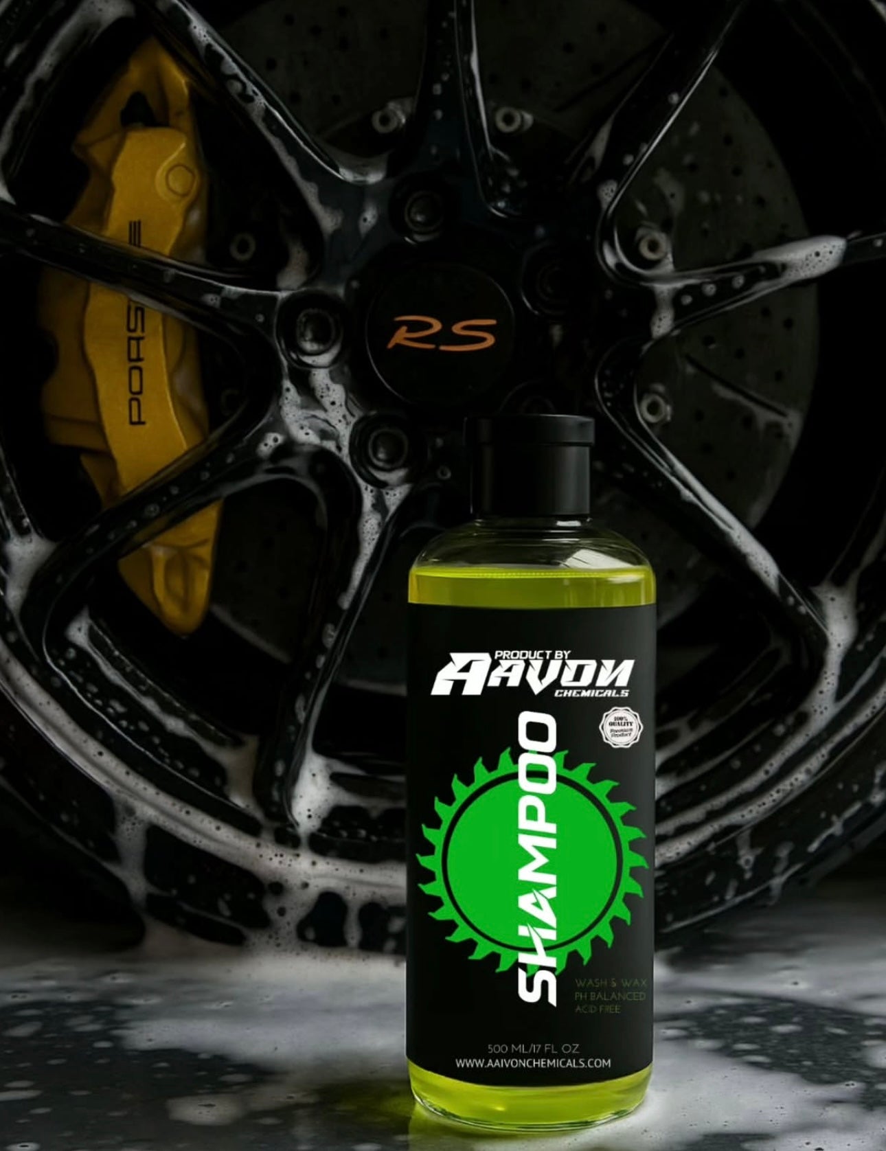 Aavon Chemicals Wash & Wax Shampoo bottle placed in front of a car wheel during a wash – Tech Car Home.