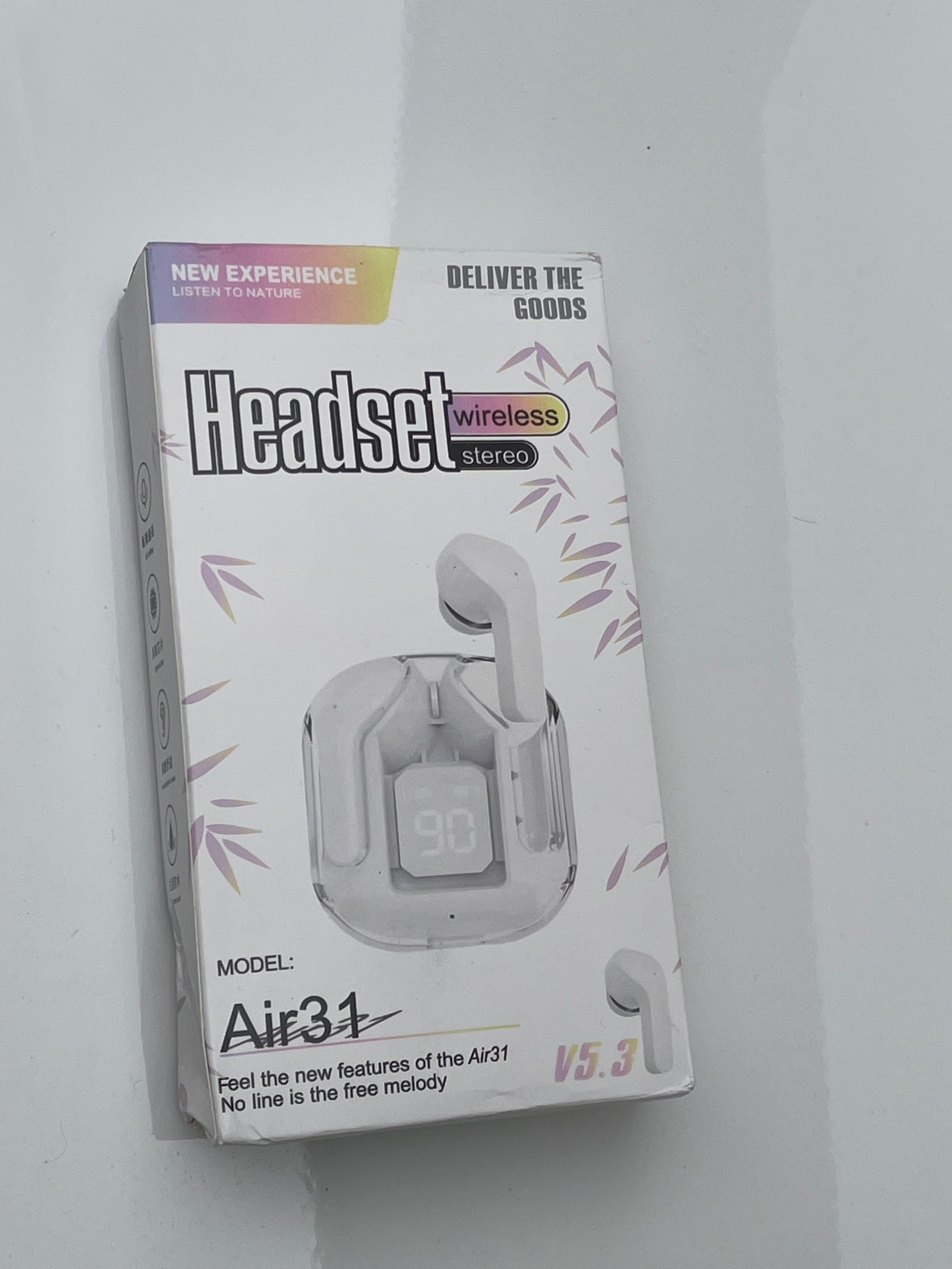 Air 31 Earbuds - Display of earbuds with battery life indicator and connectivity icons.