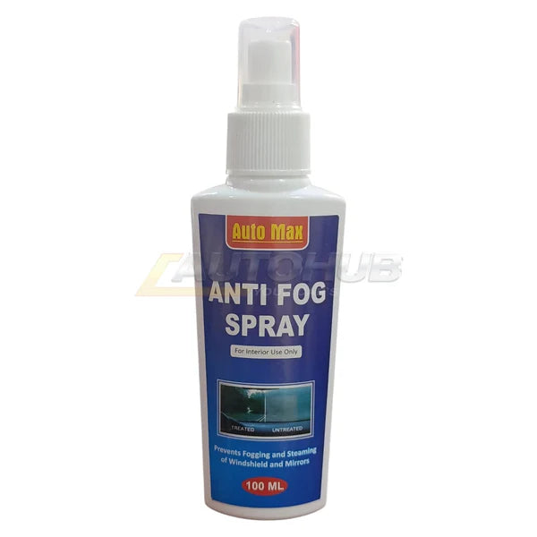 AutoMX Anti-Fog Spray bottle with a clear label, designed for easy application on car windshields and mirrors.
