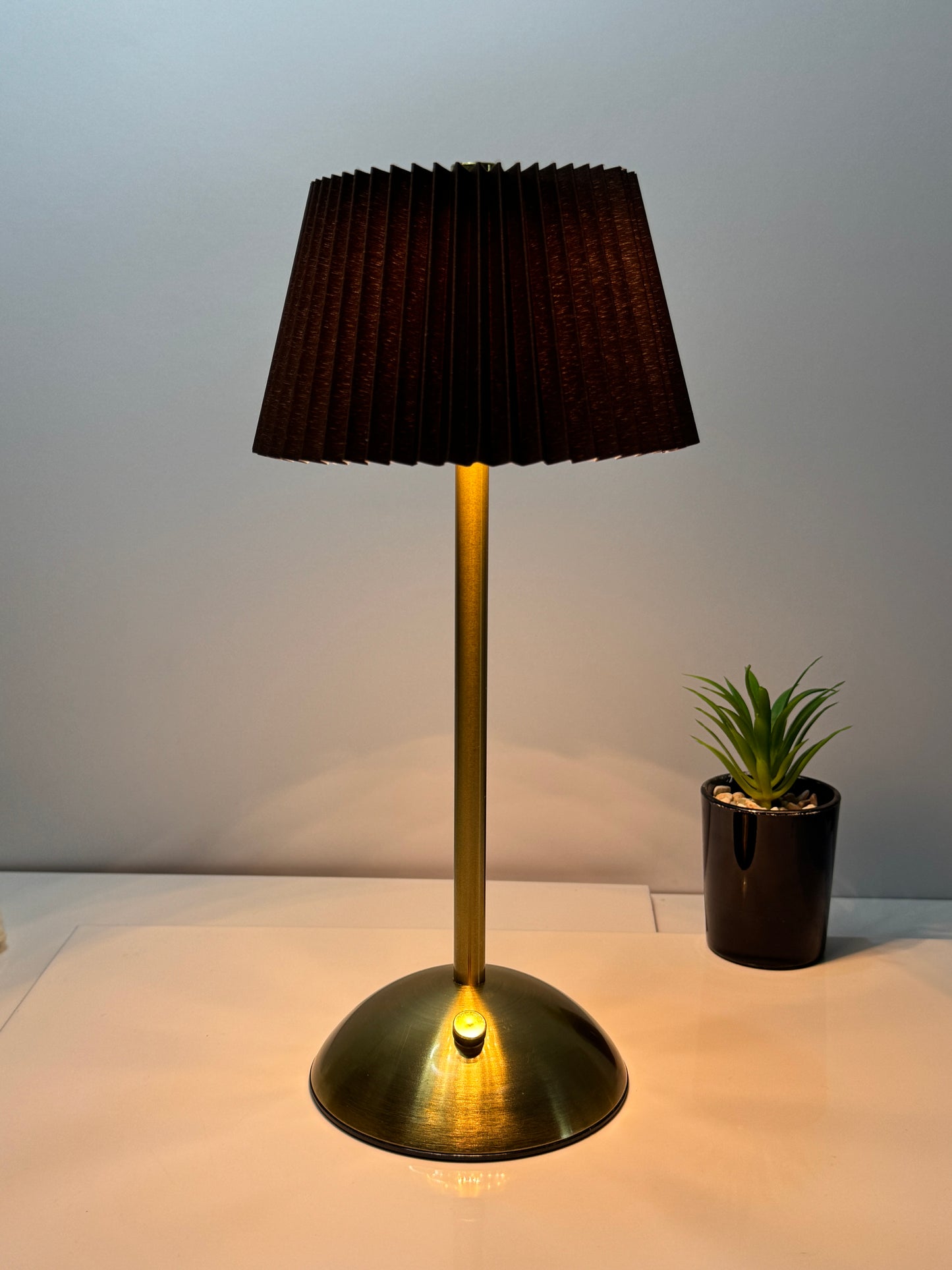 Brown rechargeable bedside lamp – touch dimmable with elegant pleated shade | TechCarHome.