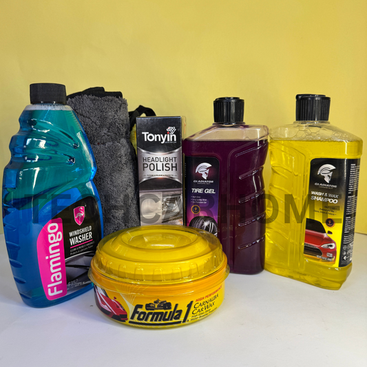 Car detailing bundle displayed on mustard yellow with all 6 exterior care products.
