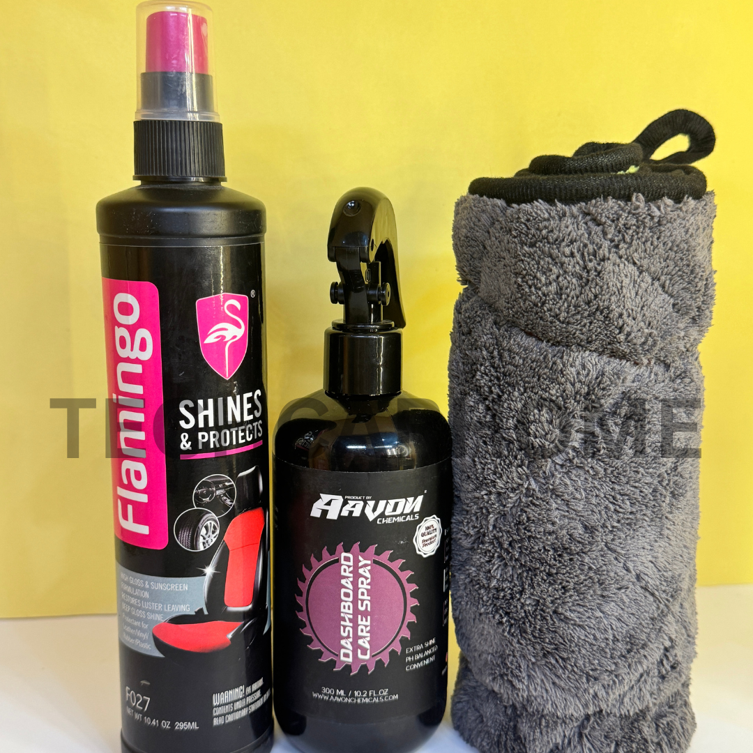 Close-up of Aavon Dashboard Spray and Flamingo Shine & Protect – for interior polish and protection.