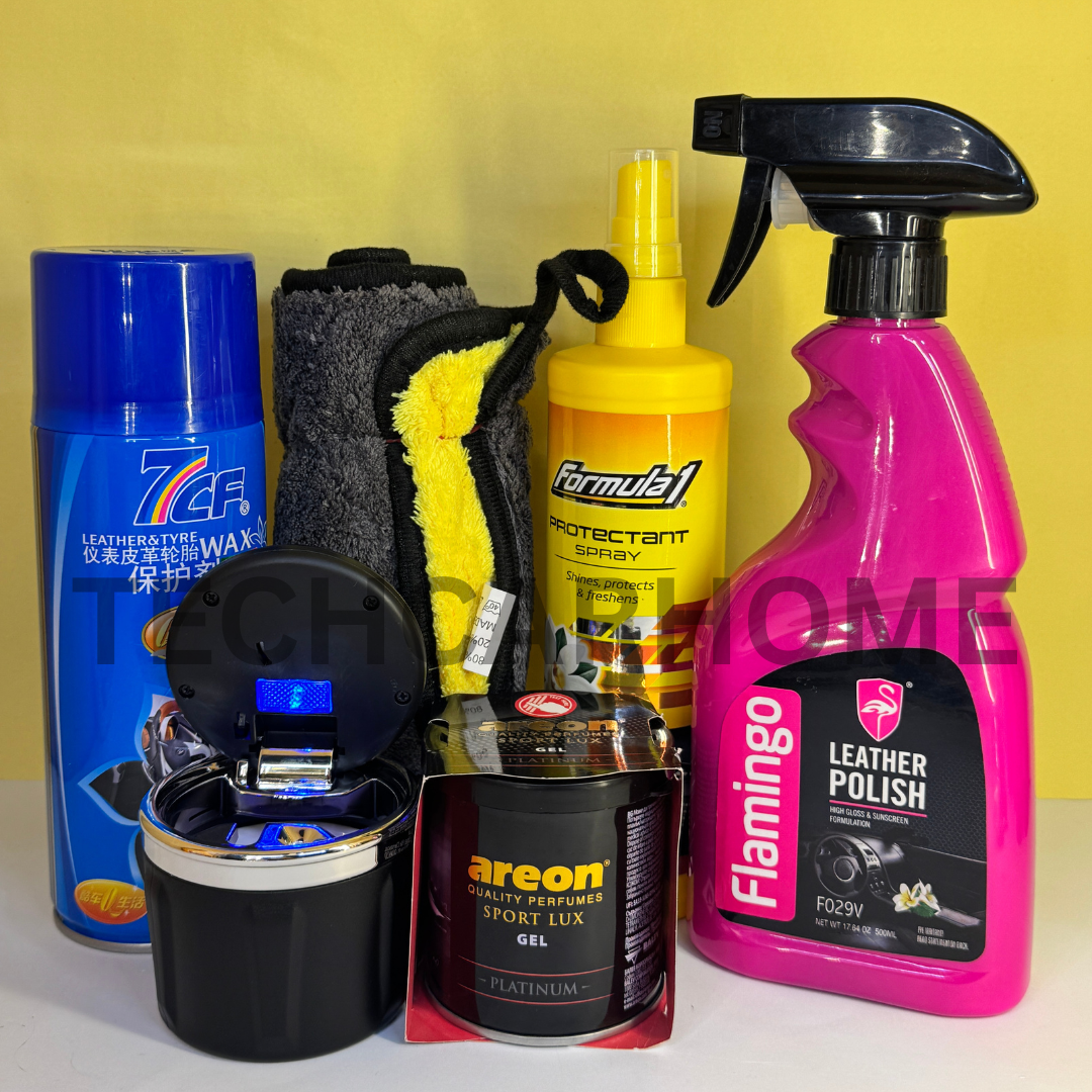 Close-up of Flamingo Leather Polish, Formula 1 Protectant Spray, and Areon Platinum Gel, all designed for car interior care and protection.
