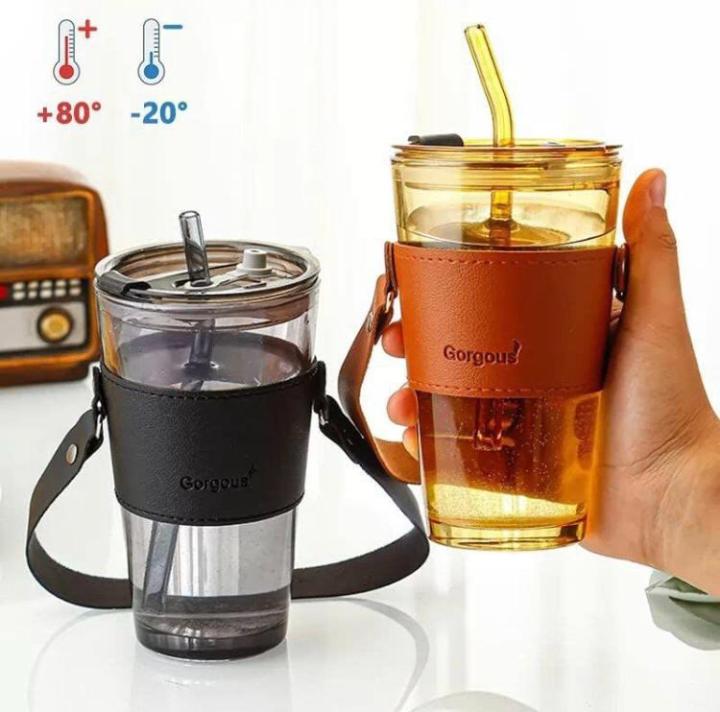 Close-up of the detailed leather cover on the glass cup, perfect for an elegant touch