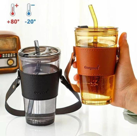 Close-up of the detailed leather cover on the glass cup, perfect for an elegant touch