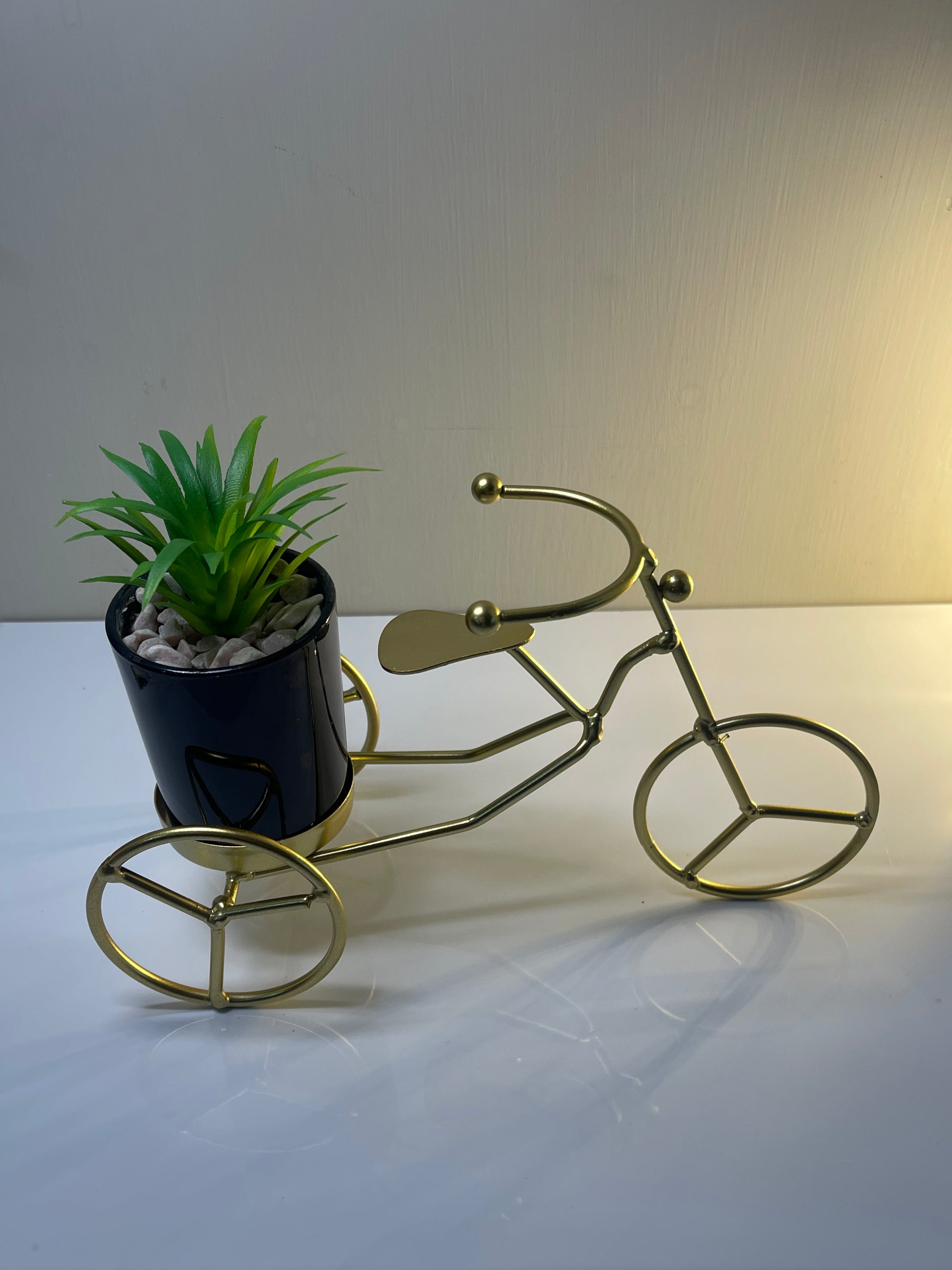 Close-up of the luxurious black ceramic pot with shimmering gold accents in the cycle planter.