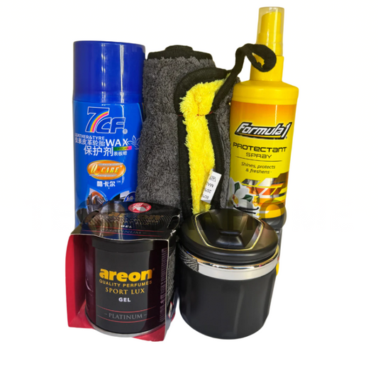 Close-up view of LED ashtray, Formula 1 Protectant Spray, and Areon Platinum Gel – essential items for a fresh and protected car interior.