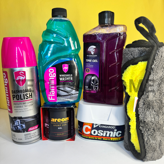 Close-up view of the 6-piece Glow & Go car care products including Flamingo polish and Areon gold gel.