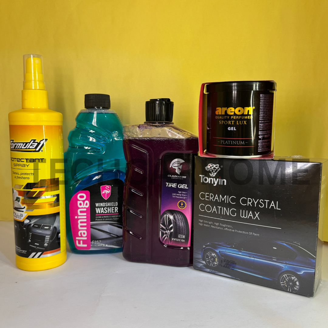 Complete 6-in-1 car cleaning kit displayed with yellow background.