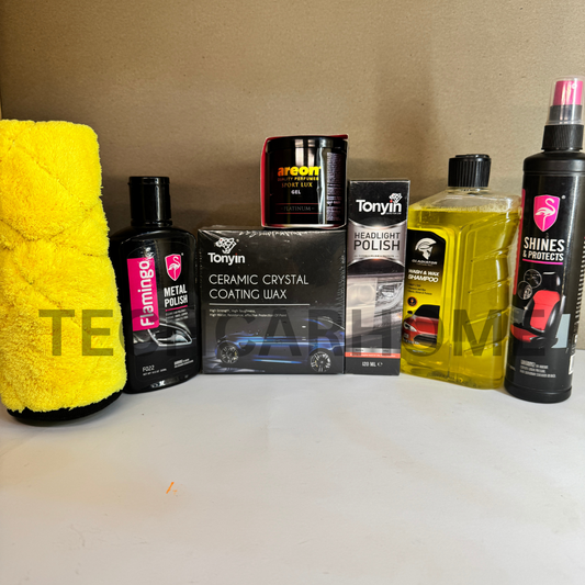 Complete 7-in-1 Ultimate Shine & Protect Bundle displayed on mustard yellow background – for full car detailing and protection.