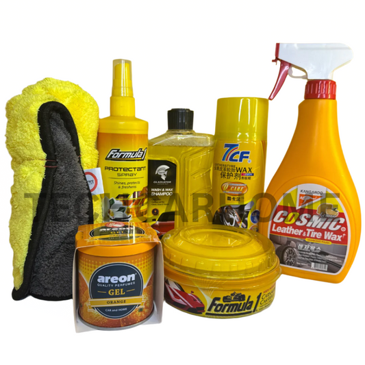 Complete 7-piece Full Care Essentials car bundle on mustard yellow background – ideal for interior and exterior detailing.