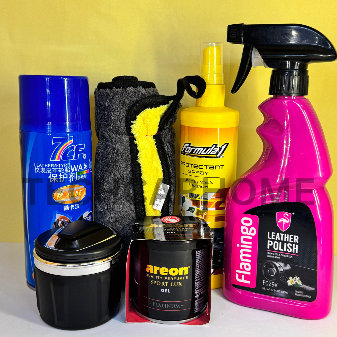 Complete set of the Ultimate Dashboard & Leather Care Bundle, including LED ashtray, dashboard spray, leather polish, and microfiber cloth.
