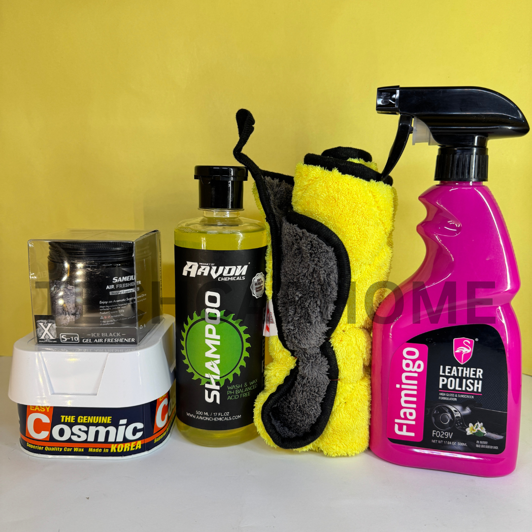 Cosmic Wax and Flamingo Leather Polish from the Clean & Shine Deluxe Bundle – perfect for a glossy finish and conditioned leather.