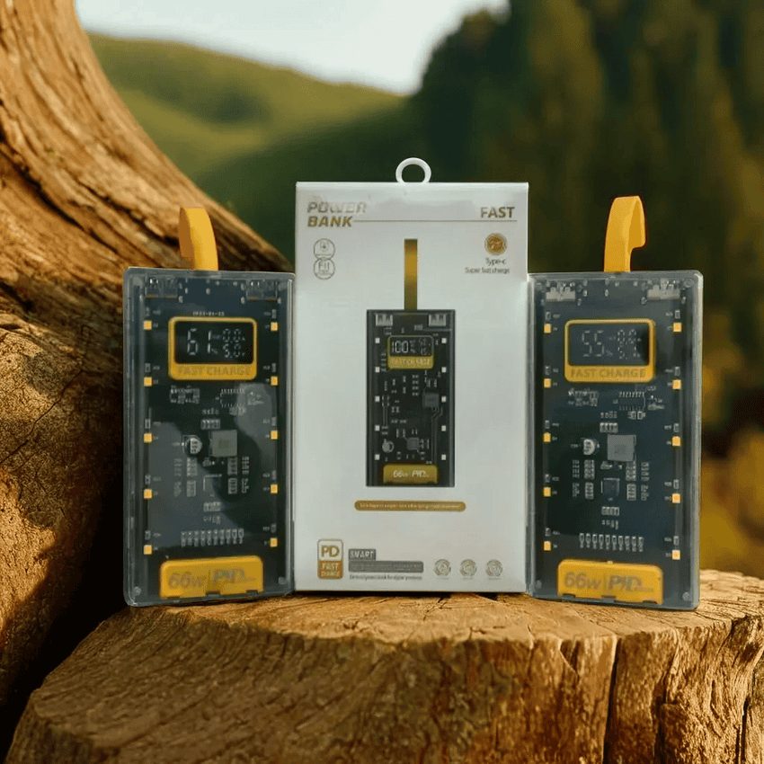 Detailed view of the digital power level indicator on the Transparent Power Bank.
