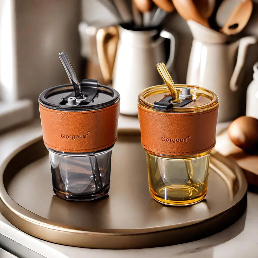 Detailed view of the leather cover and drink inside the glass cup by TechCarHome